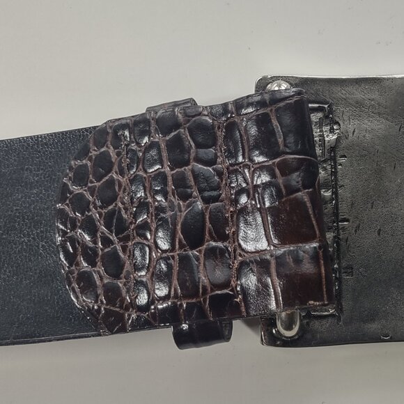 Sandy Duftler Brown Leather Skin Tapered Vintage Silver Buckle Belt 45\